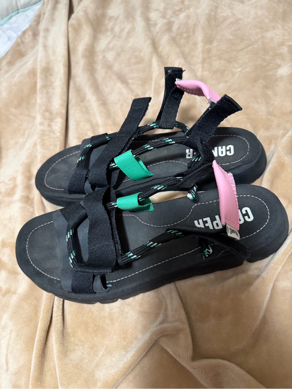 Camper Black Sandals with Green and Pink Accents View 2